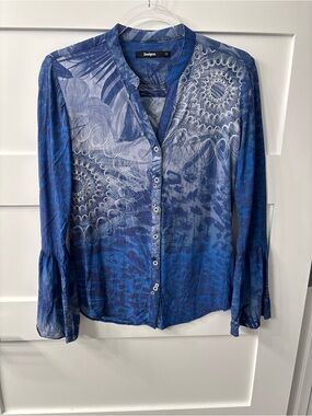 Desigual Euro Y2K Blue Embroidered Bell Sleeve  Button Front Blouse